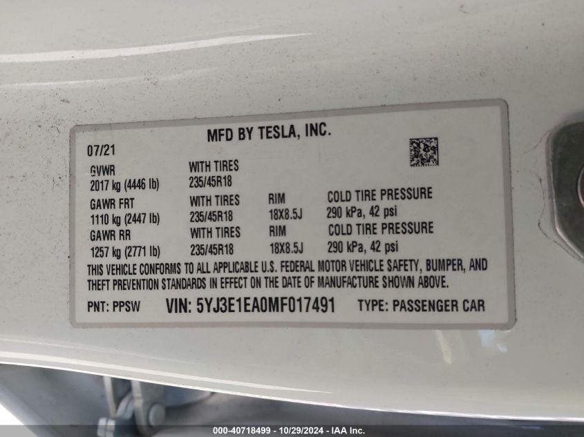 TESLA MODEL 3 STANDARD RANGE PLUS REAR-WHEEL DRIVE 2021