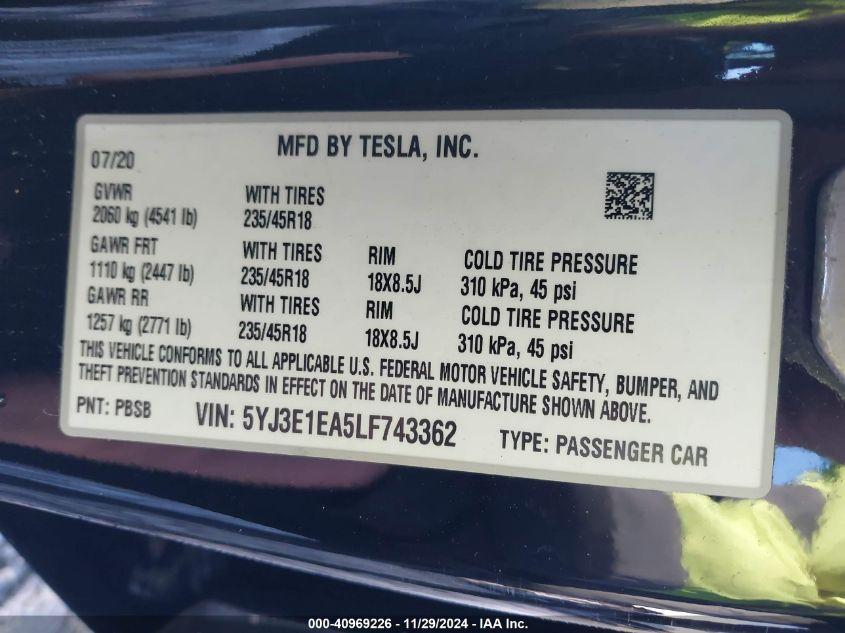 TESLA MODEL 3 STANDARD RANGE PLUS REAR-WHEEL DRIVE/STANDARD RANGE REAR-WHEEL DRIVE 2020