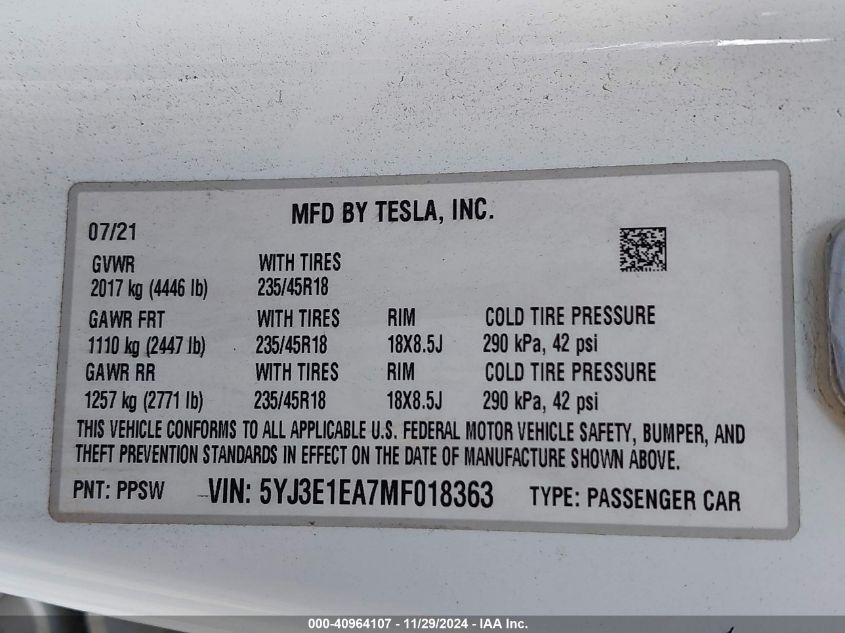 TESLA MODEL 3 STANDARD RANGE PLUS REAR-WHEEL DRIVE 2021