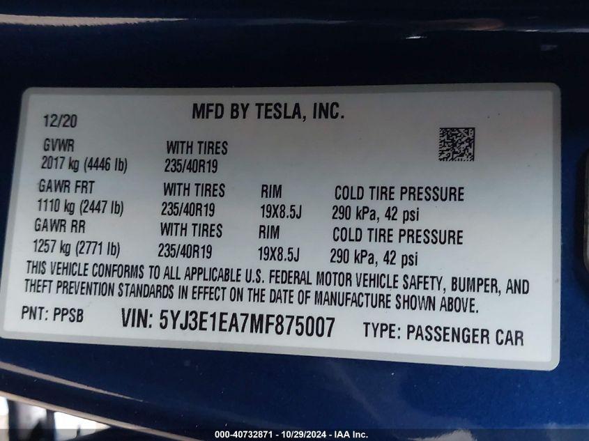 TESLA MODEL 3 STANDARD RANGE PLUS REAR-WHEEL DRIVE 2021